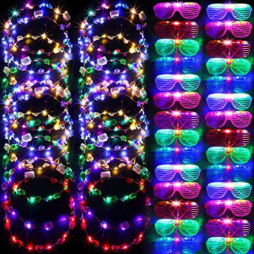 48 Pack Glow in the Dark Party Supplies LED Glasses Light Up Glasses LED  Flower Crown Headband Multicolor LED Flower Wreath Glow Shutter Shades  Glasses for Adults Kids Birthday Neon Party Favors